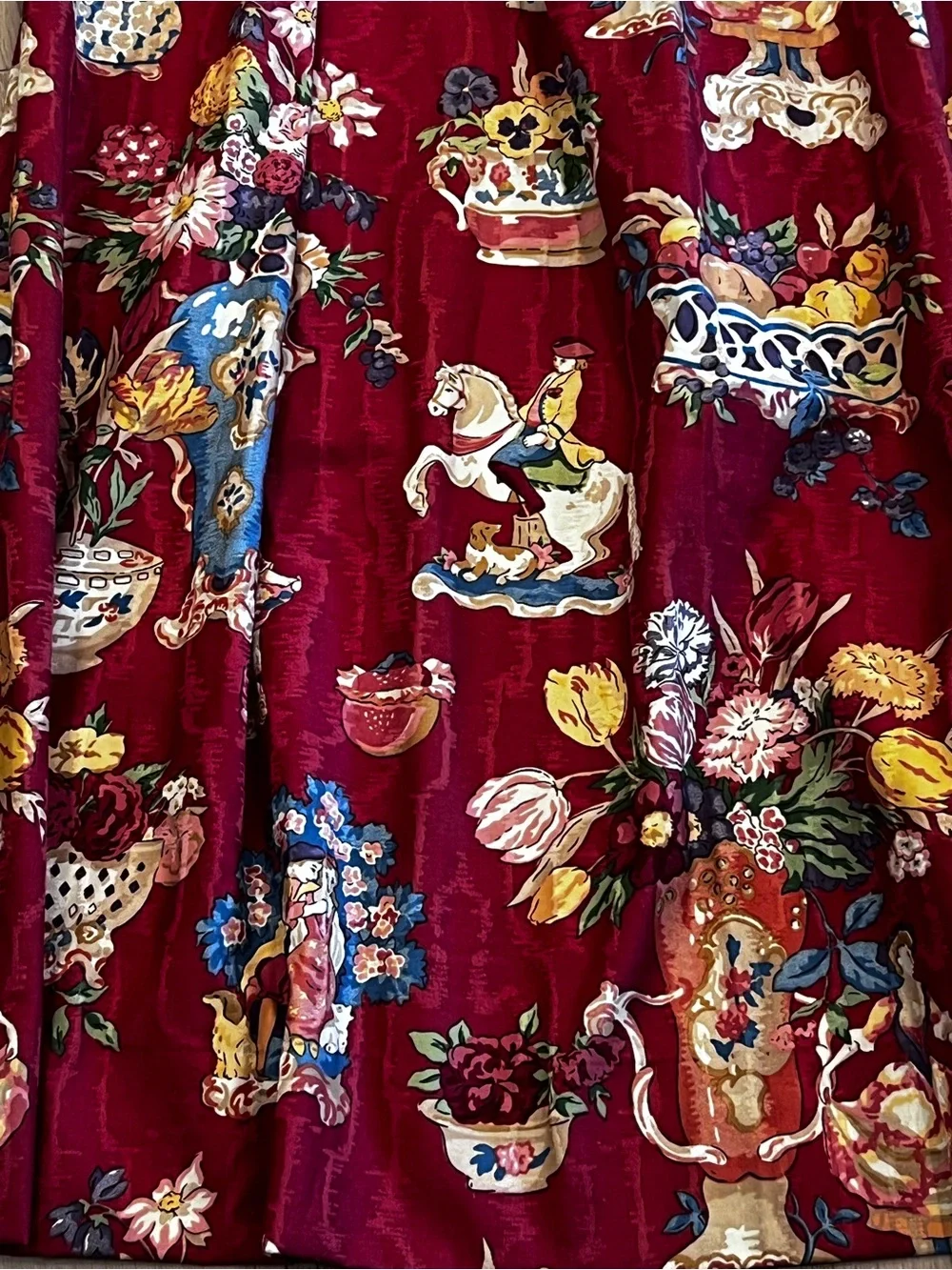 Set of 4 Custom Chinoiserie Lined Drapery Panels Burgundy Tassel Trim 21x62”